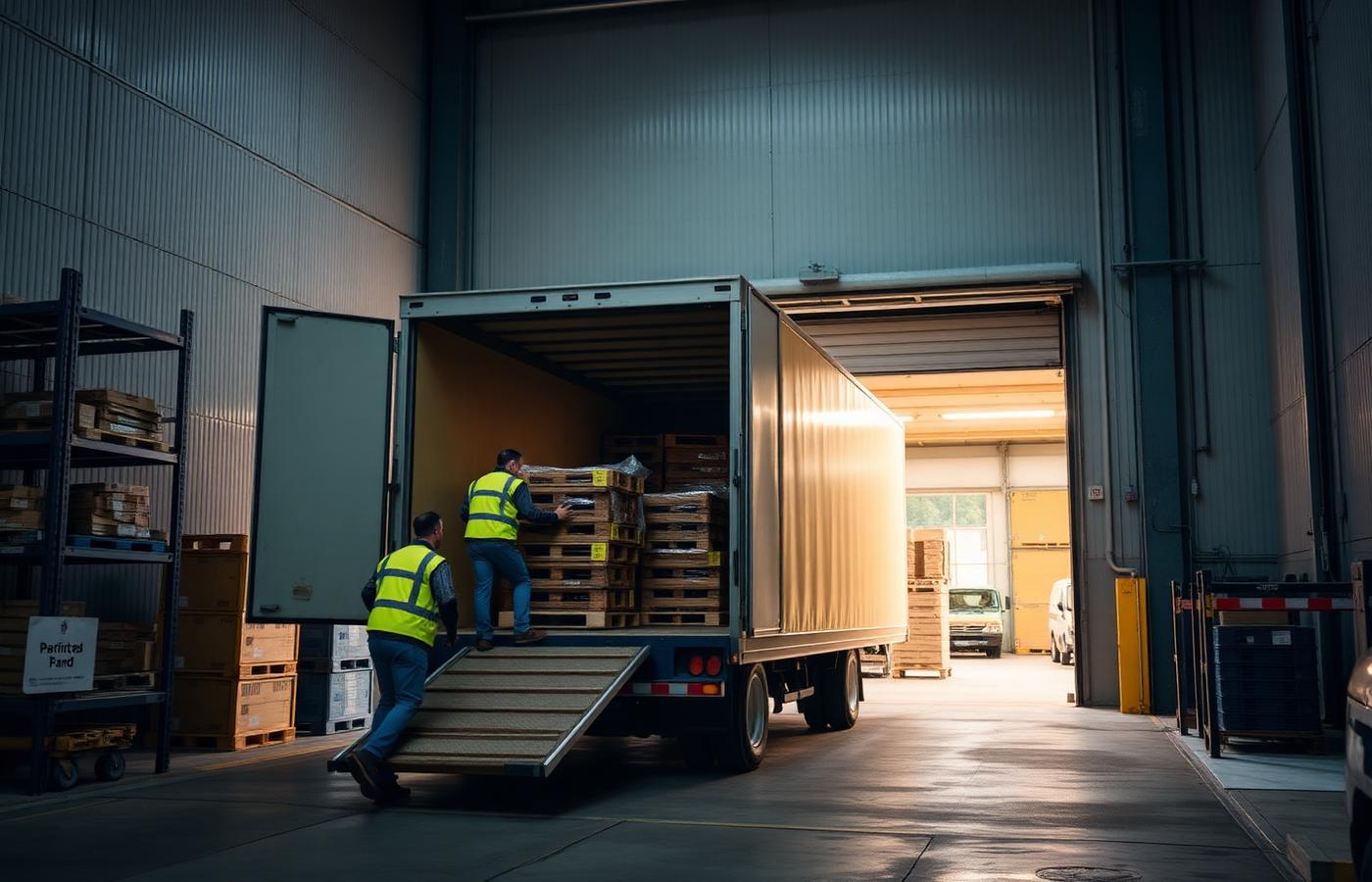 Workers loading pallets onto an Xpress Freight box truck at a Mobile, Alabama warehouse dock